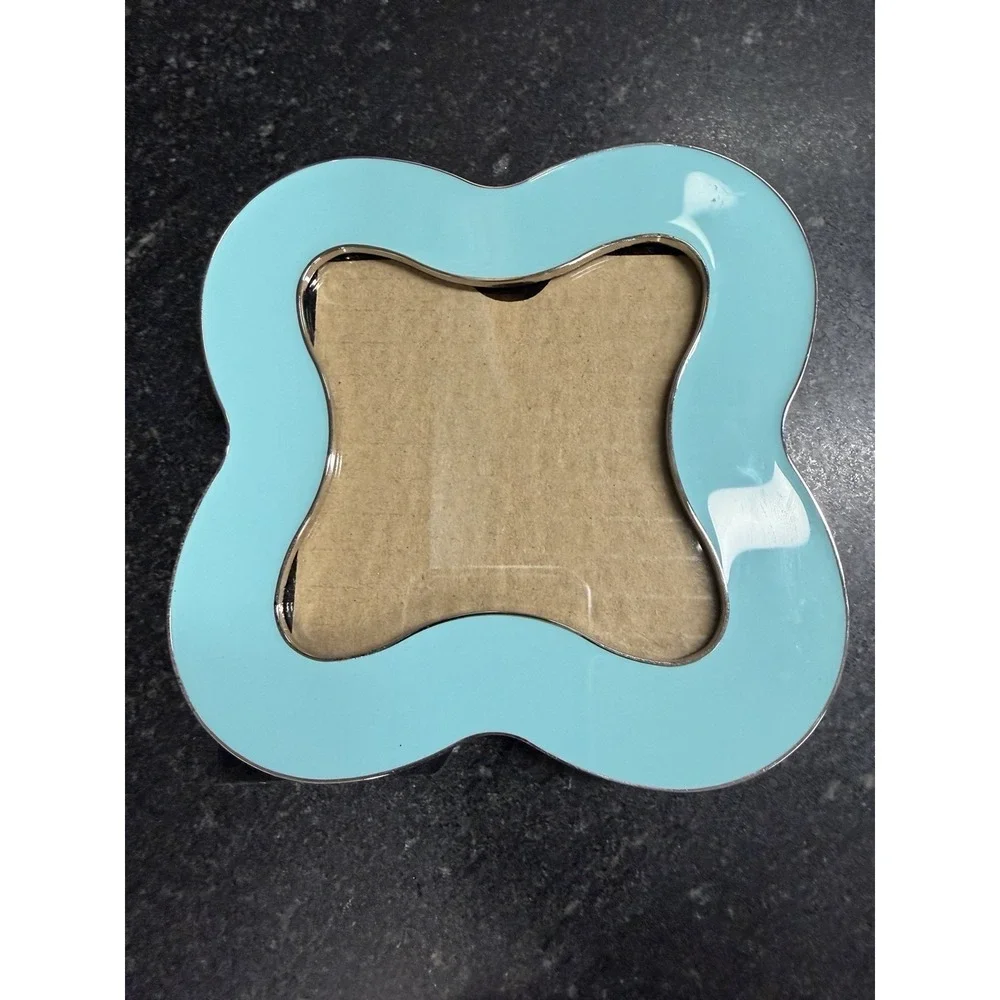 Jonathan Adler Aqua Turquoise Enamel Quatrefoil Picture Frame Silver Trim